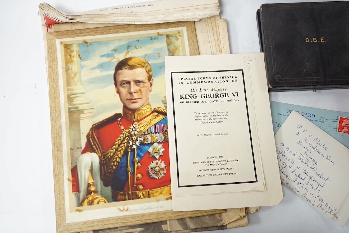 A civilian OBE with ladies bow ribbon, hallmarked for London 1929 in a Garrard’s fitted case, together with a small collection of Royal memorabilia relating to the coronation and death of George VI. Condition - fair, hin